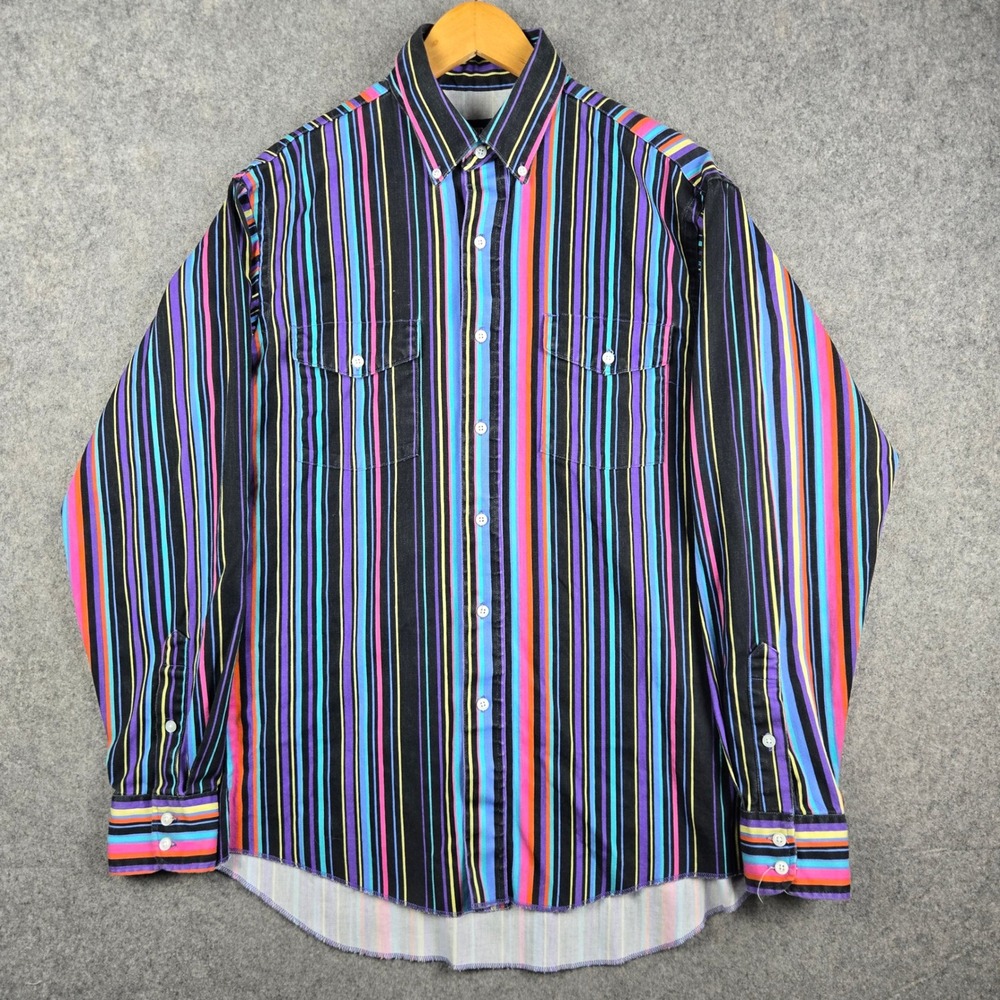 Vintage Wrangler Shirt Mens 15.5-34 Black Multi Stripe Western Cowboy Cut 90s